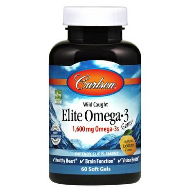 Рыбий жир Омега-3, Elite Omega-3, Carlson Labs, лимон, норвежский, 1600 мг, 60 гелевых капсул, z01145
  