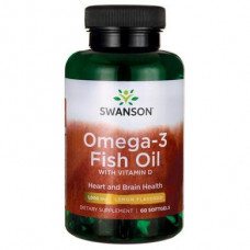 Омега-3 рыбий жир с витамином Д, Omega-3 Fish Oil with Vitamin D, Swanson, 1000 мг, вкус лимона, 60 гелевых капсул, z02508
  