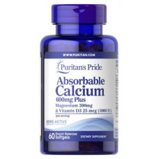 Кальций плюс магний и витамин Д3, Absorbable Calcium plus Magnesium with Vitamin D3, Puritans Pride, 600 мг/300 мг/1000 МЕ, 60 капсул, Z05727
  