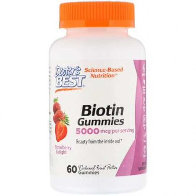 Биотин, Biotin Gummies, Doctor's Best, 5000 мкг, вкус клубники, 60 желейных конфет, Z05762
  