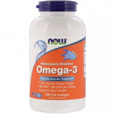 Омега-3, 180 EPA/120 DHA, Molecularly Distilled Omega-3, Now Foods, 1000 мг, 200 капсул из рыбьего желатина, Z09459
  