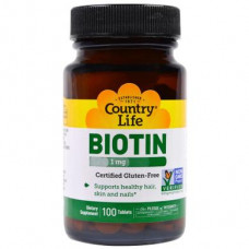 Биотин, Biotin, Country Life, 1000 мкг, 100 таблеток, 8828
  