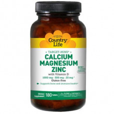 Кальций магний цинк, Calcium Magnesium Zinc, Country Life, 180 таблеток, 8911
  