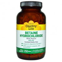 Бетаина гидрохлорид, Betaine Hydrochloride, Country Life, 600 мг, 250 таблеток, 8943
  