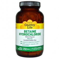 Бетаина гидрохлорид, Betaine Hydrochloride, Country Life, 600 мг, 250 таблеток, 8943
  