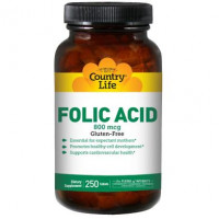 Folic Acid, Folic Acid, Country Life, 800 mcg, 250 Tablets, 8981
 