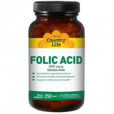 Фолиевая кислота, Folic Acid, Country Life, 800 мкг, 250 таблеток, 8981
  