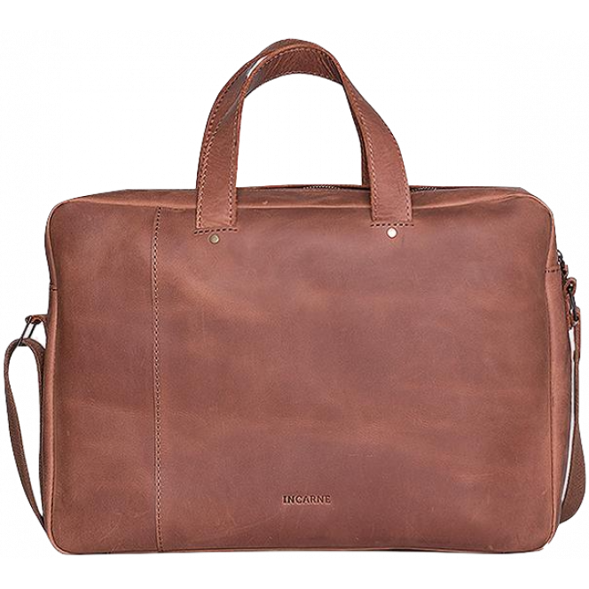 Handmade leather shoulder bag INCARNE BRUNO for laptop 13-14 inches - Cognac