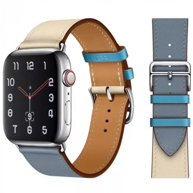 Leather strap STR Hermes Single Tour for Apple Watch 42/44/45 mm (Series SE/7/6/5/4/3/2/1) - Bleu Lin/Craie