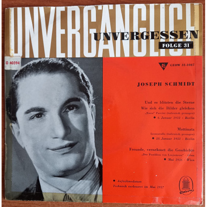 EP Josef Schmidt in the Immortal Unforgettable series, Release 31, Germany, 1958