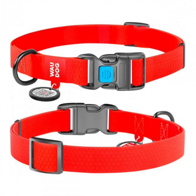 Collar Waudog Waterproof Dog collar Smart ID ID tag with QR code red