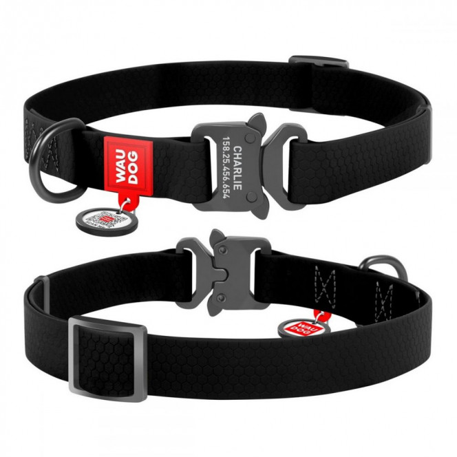 Collar Waudog Waterproof Collar for dogs with quick-detachable fastex and Smart ID ID tag with QR code black