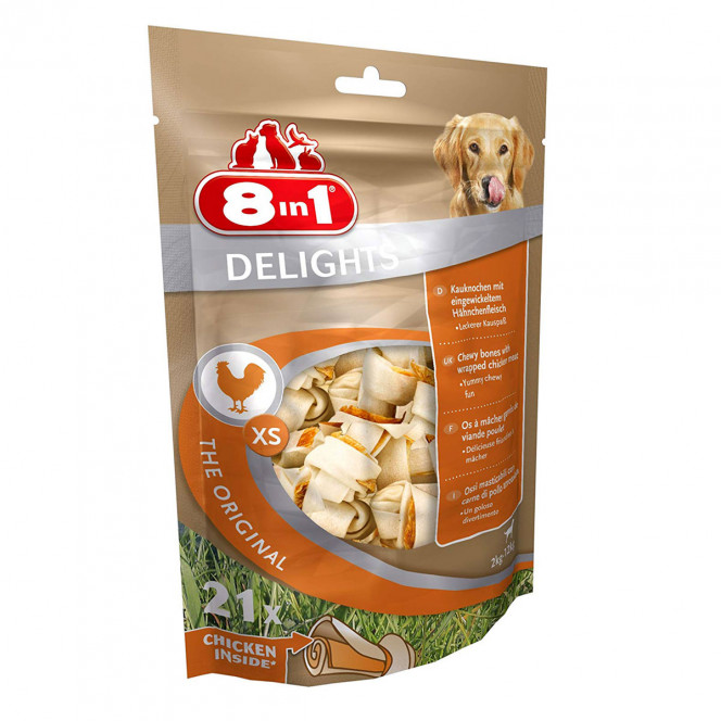 8in1 Delights Original XS Кость для чистки зубов с сыромятной кожи и куриного мяса (упаковка 21 шт.)