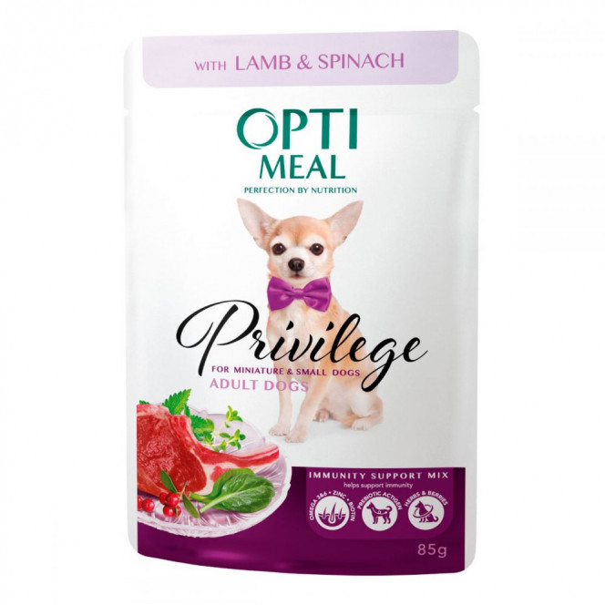 Optimeal Privilege Adult dog Grain-free canned food for small breeds with lamb and spinach in sauce