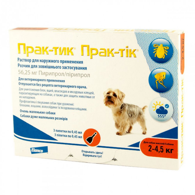 Prac-tic (Prak-tik) drops for dogs weighing from 2 to 4.5 kg