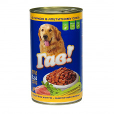 Woof! Canned food for dogs with chicken in an appetizing sauce